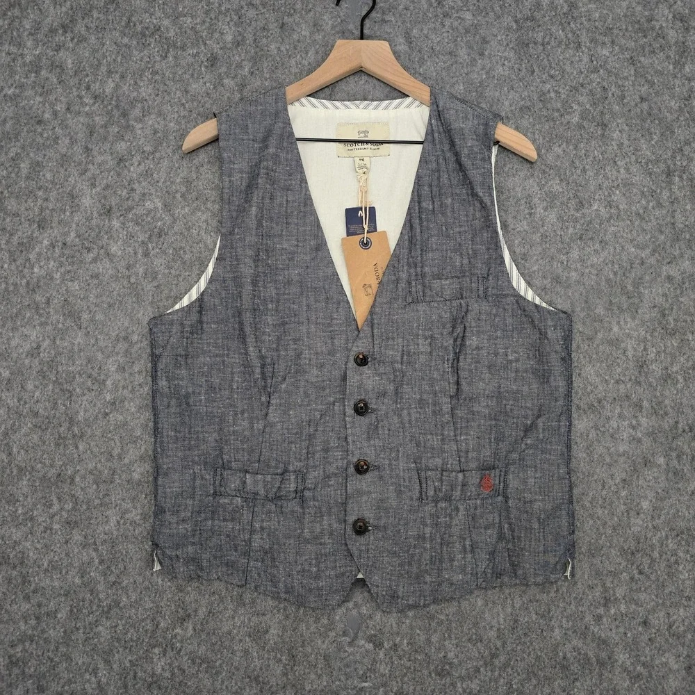 Scotch & Soda Vest Mens 50L Blue Indigo Denim Belted Cotton Casual Suit Blauw